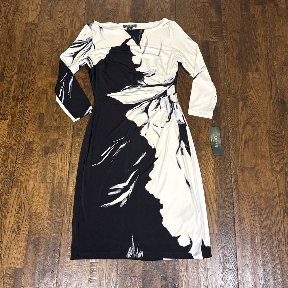 Lauren Ralph Lauren Drew Ruched Sheath Dress Geyser Abstract Black White 6 NWT